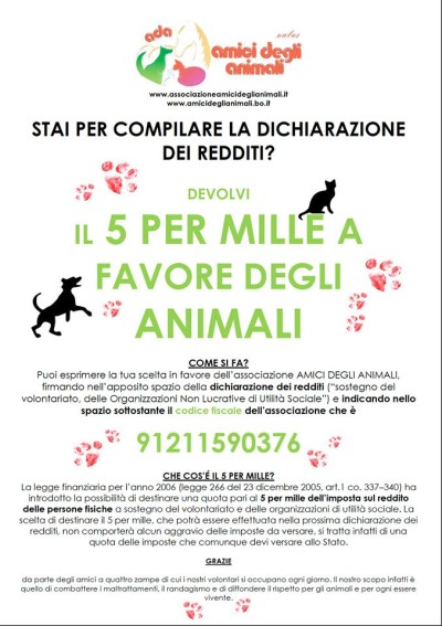 5 per mille a associazione amici degli animali