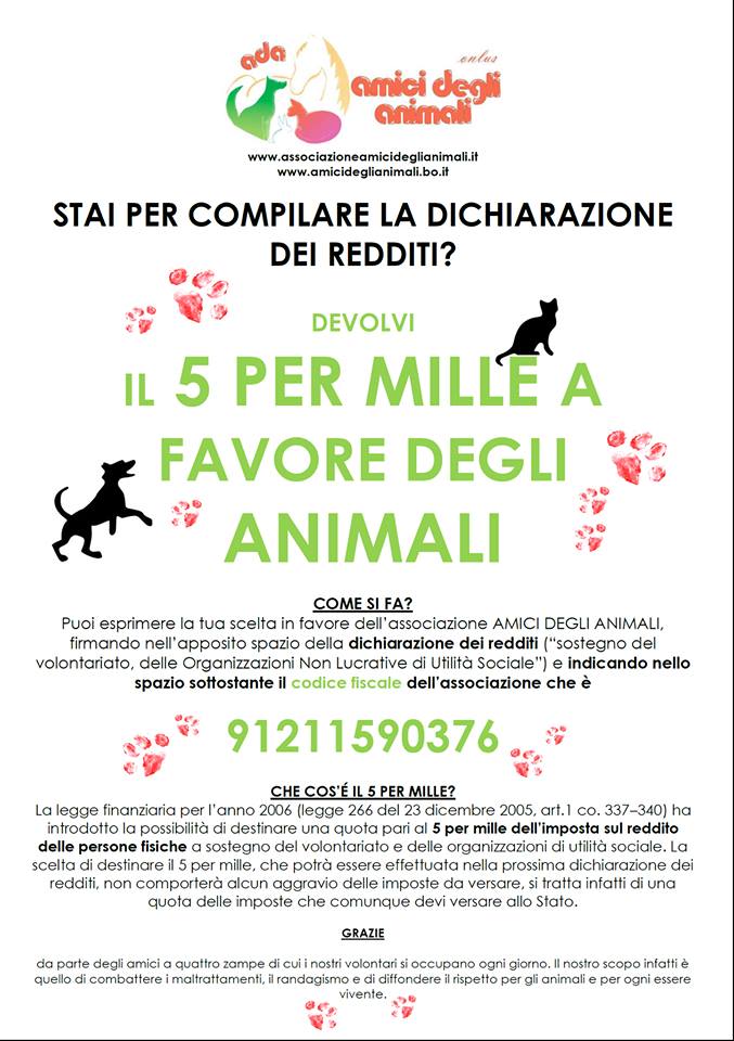 5 per mille a associazione amici degli animali